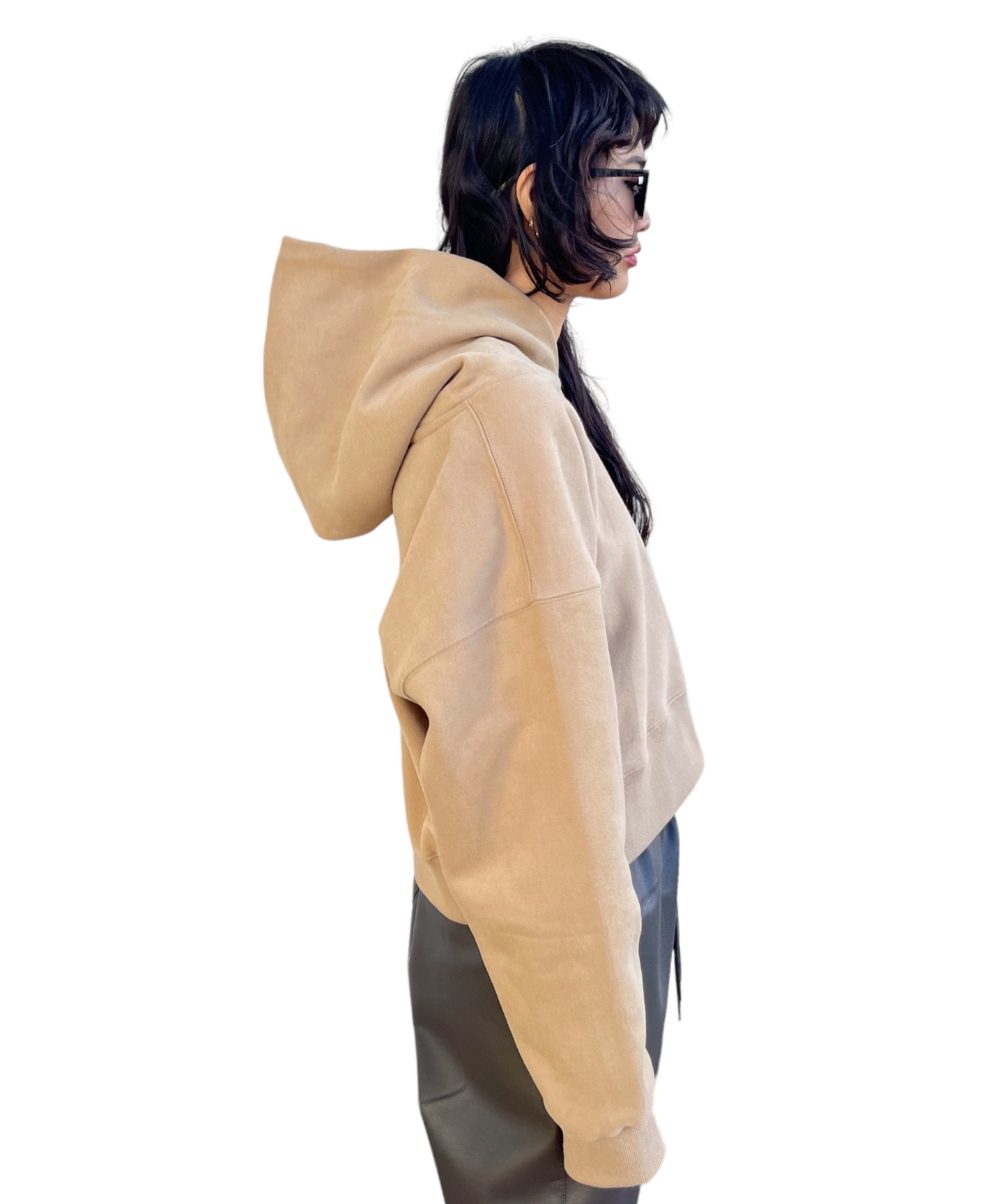 Emboss Cropped Hoodie-BEIGE