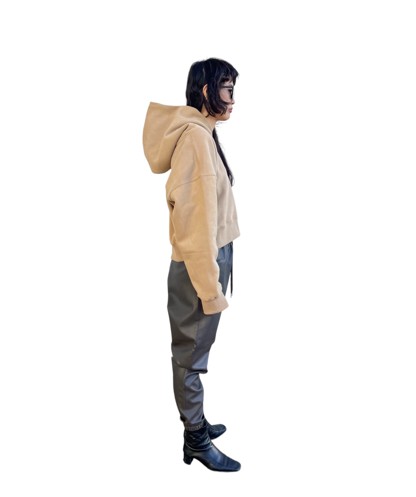 Emboss Cropped Hoodie-BEIGE 