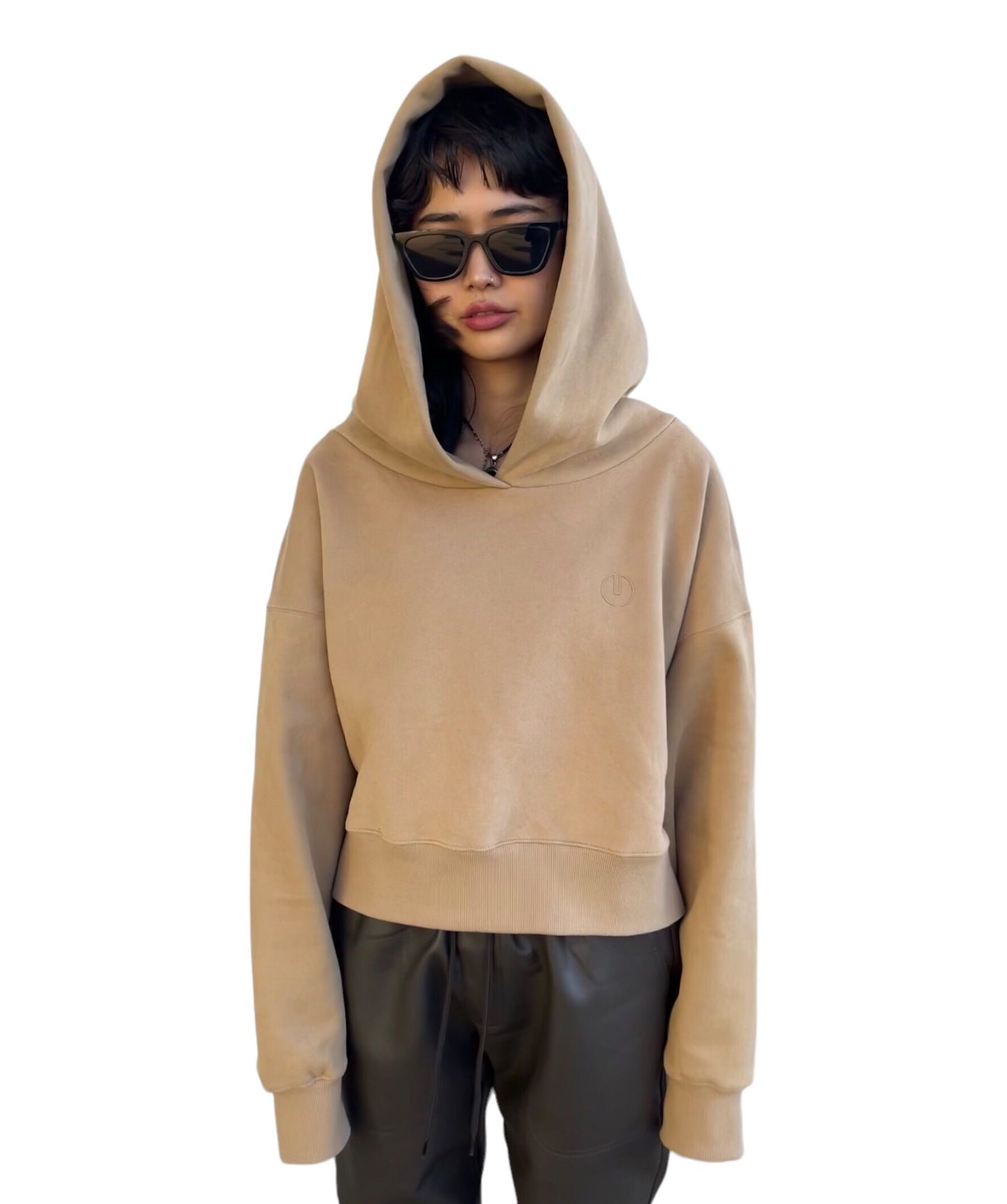 Emboss Cropped Hoodie-BEIGE