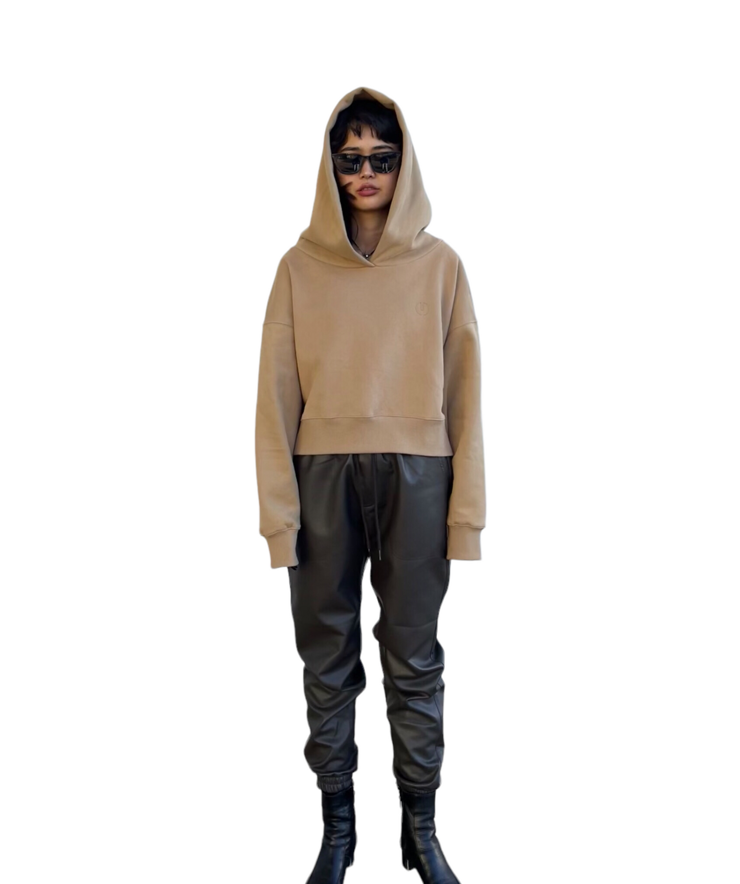 Emboss Cropped Hoodie-BEIGE 