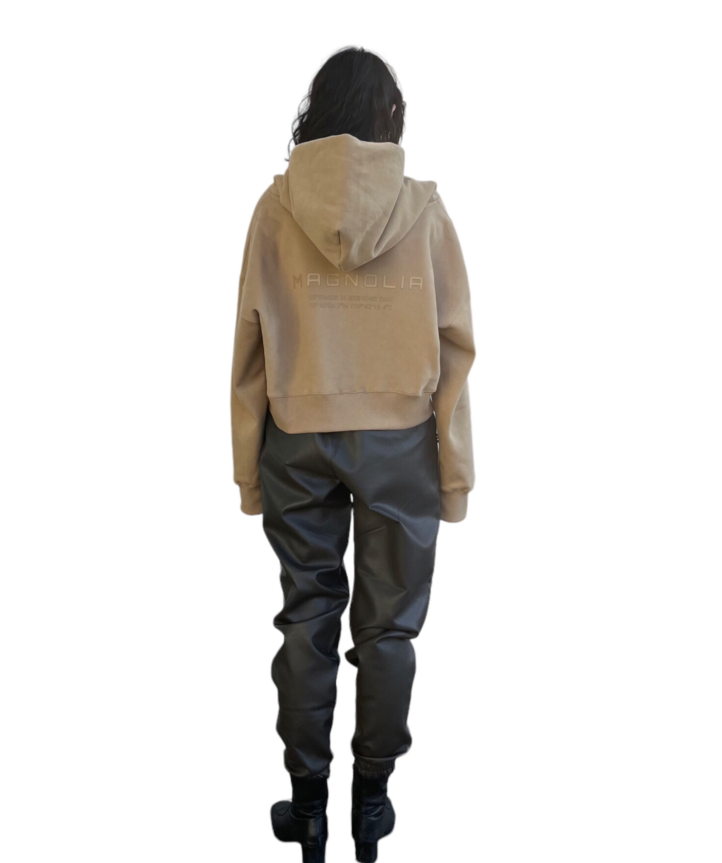 Emboss Cropped Hoodie-BEIGE 