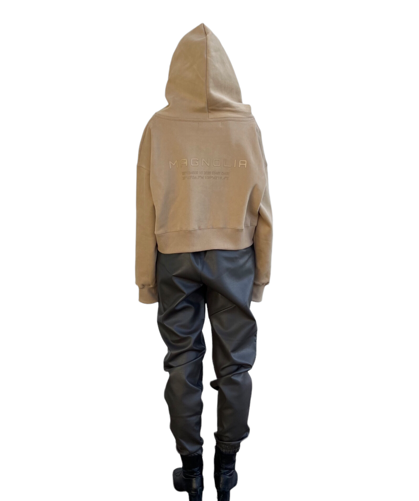 Emboss Cropped Hoodie-BEIGE