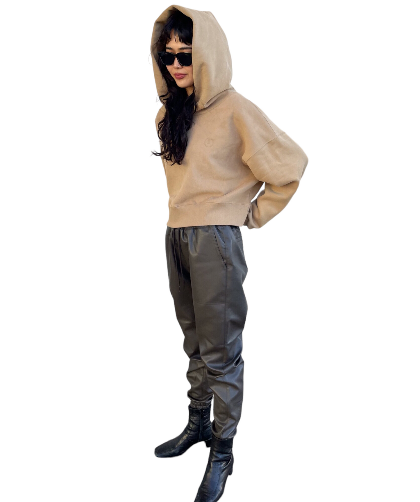 Emboss Cropped Hoodie-BEIGE