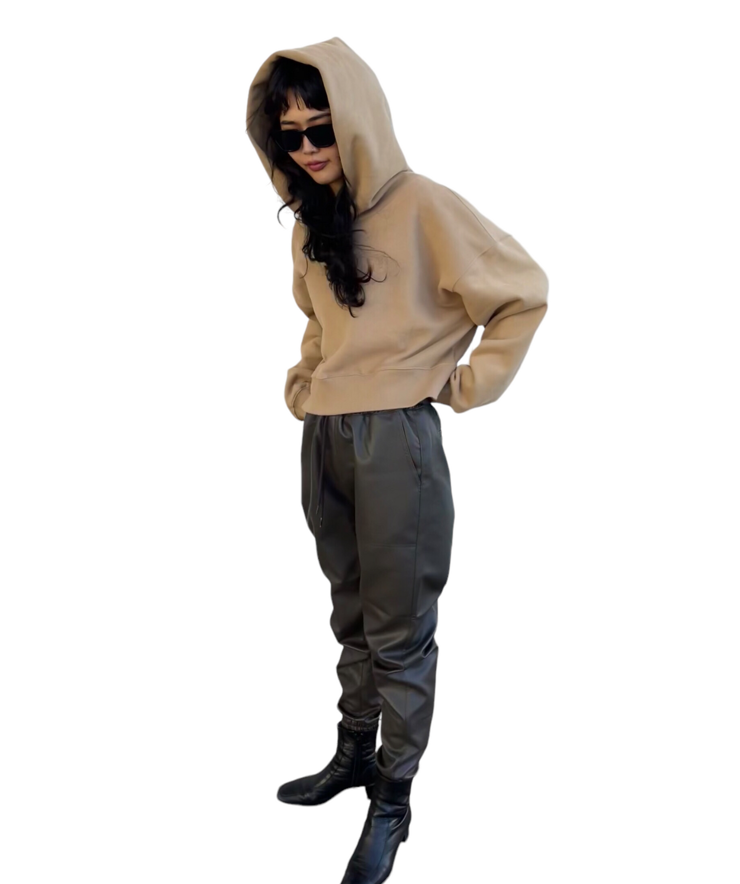 Emboss Cropped Hoodie-BEIGE