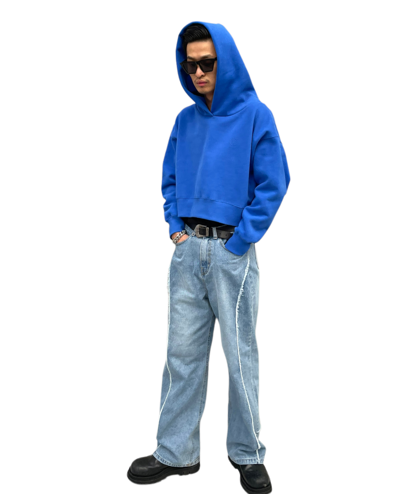 Emboss Cropped Hoodie - BLUE 