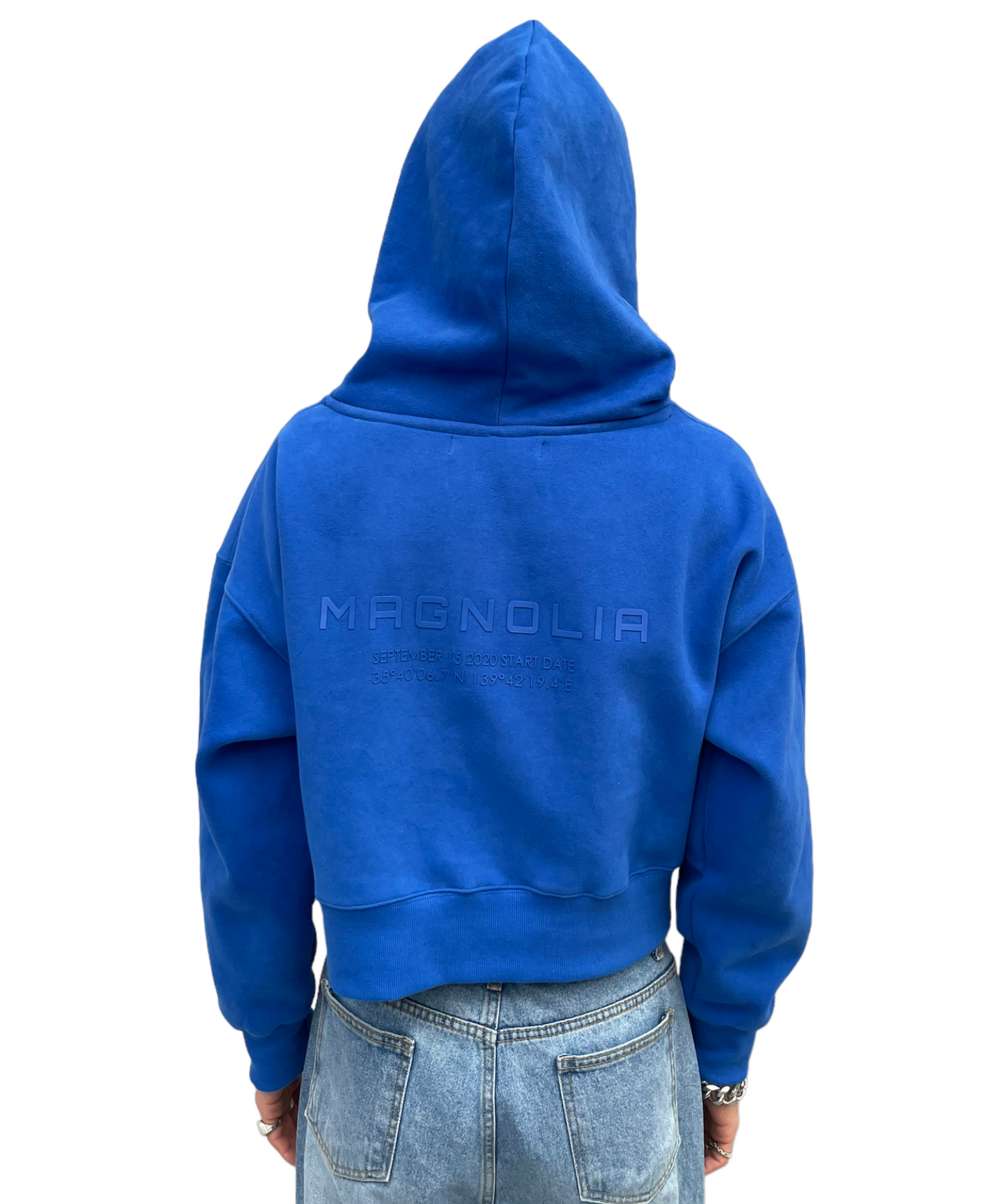 Emboss Cropped Hoodie-BLUE