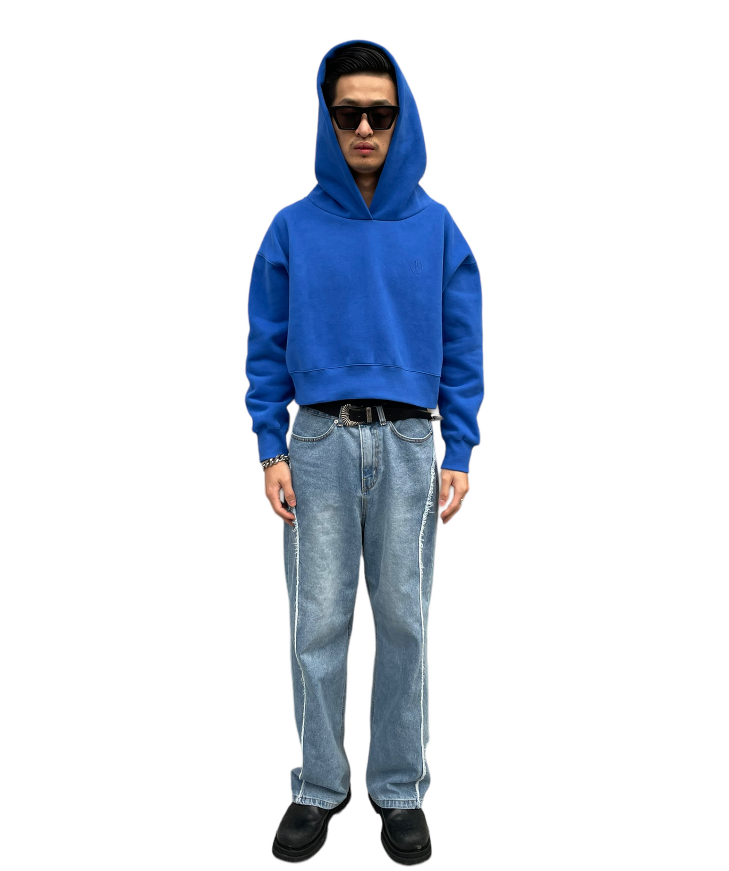 Emboss Cropped Hoodie-BLUE