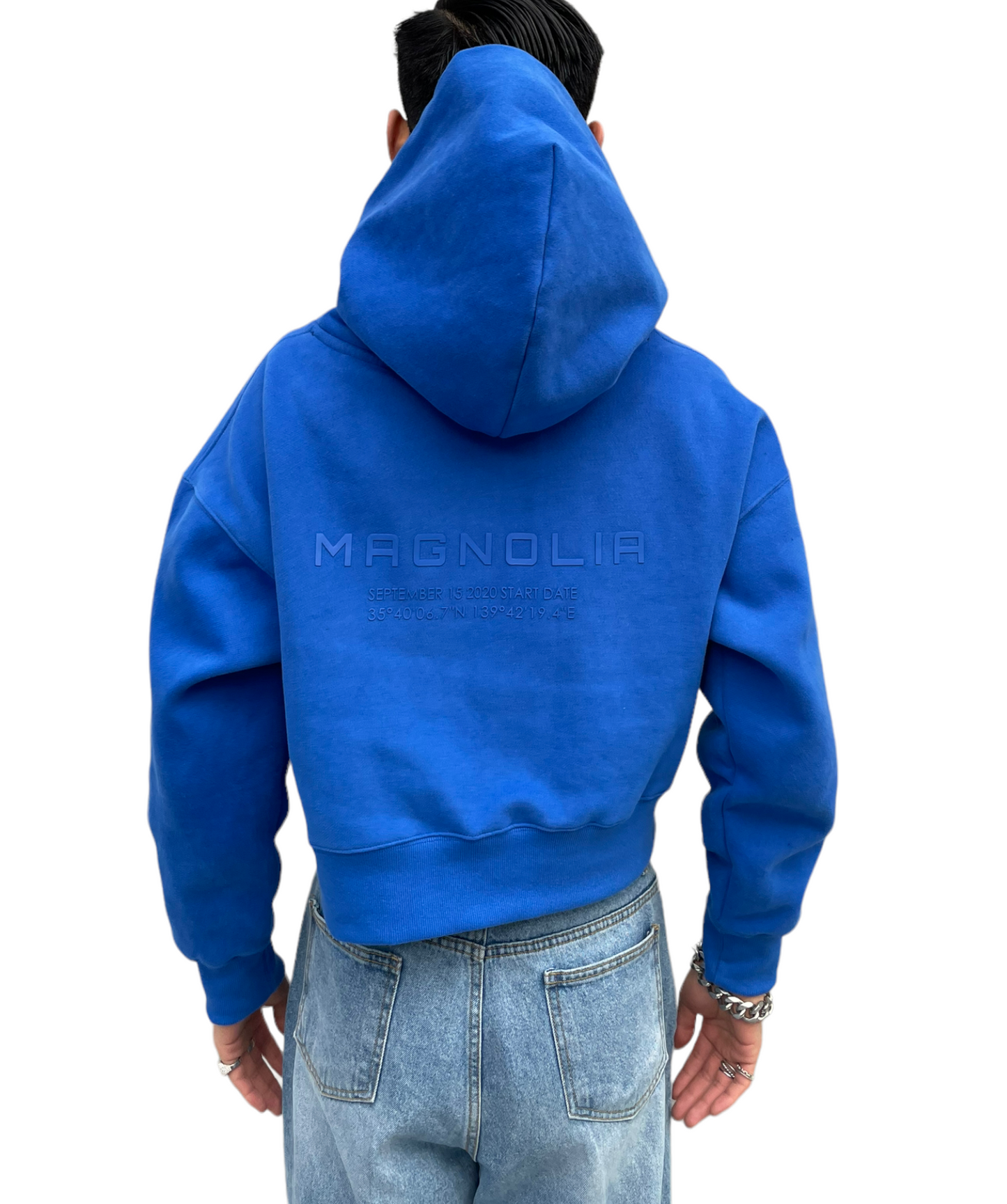 Emboss Cropped Hoodie-BLUE