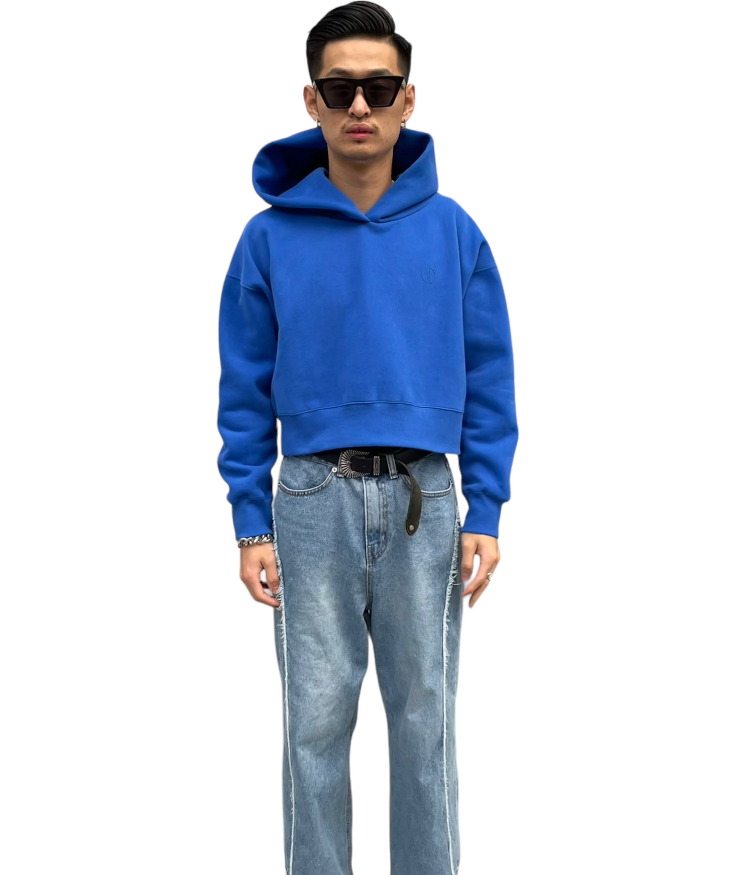 Emboss Cropped Hoodie-BLUE