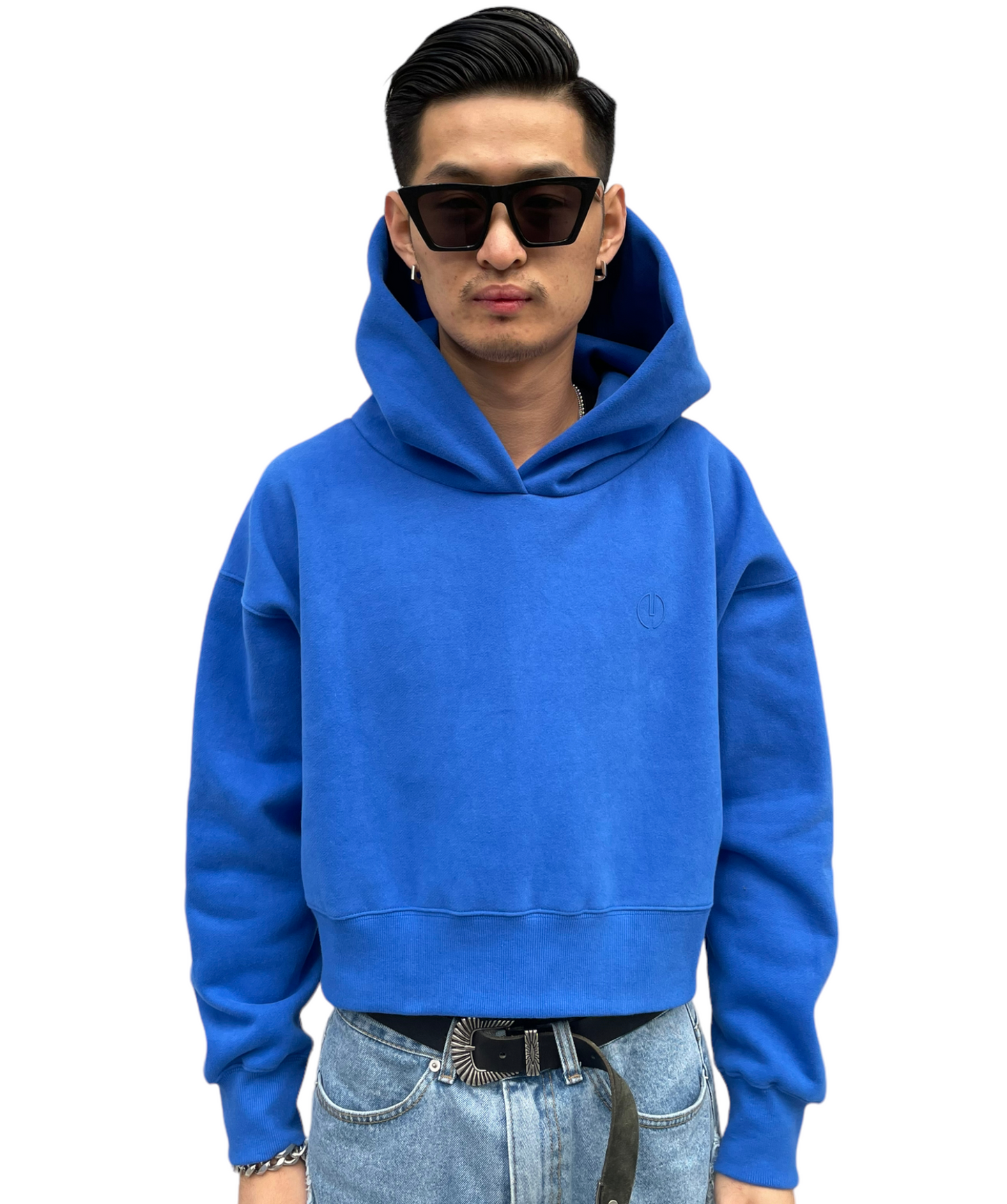 Emboss Cropped Hoodie-BLUE