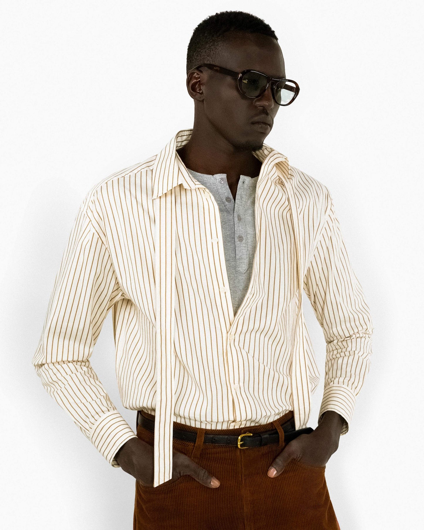 【REVURA レビュ―ラ】BRILLER PIN STRIPE SHIRTS - BROWN