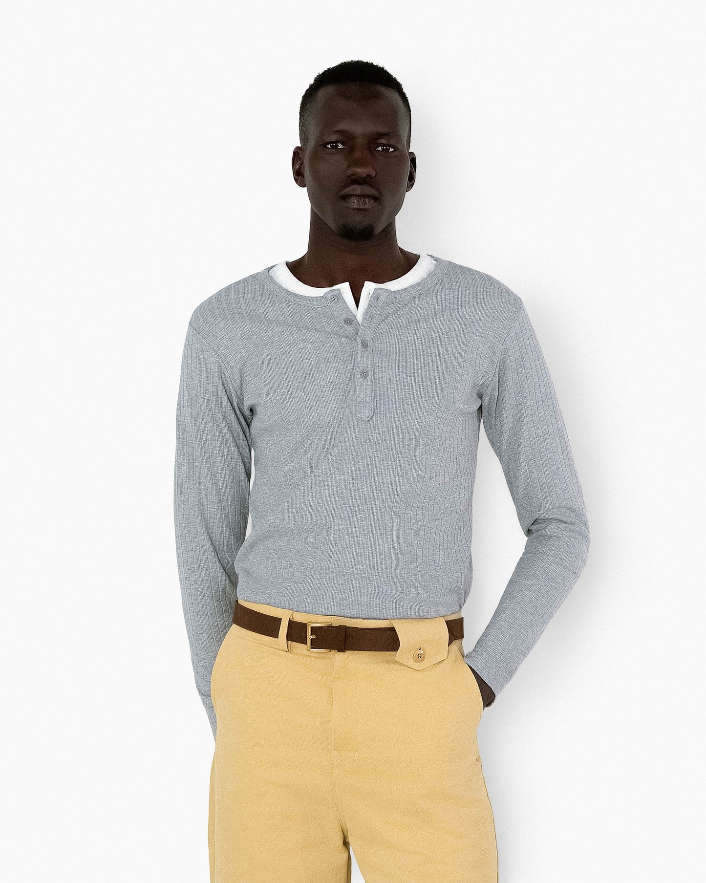 【REVURA レビュ―ラ】RÊVE COTTON MODAL RIBBED HENLEY SHIRTS - GRAY