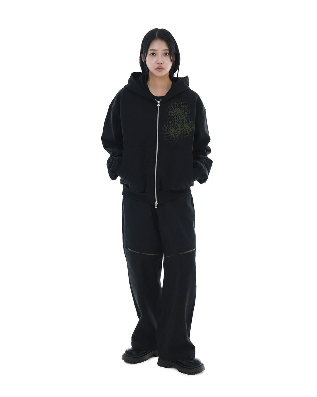 Trinity Flower Crop Hoodie Zip-up_Black 