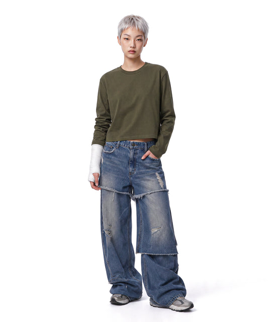 【C Wear シーウエア】Oversized Crop Long Sleeve T-Shirt Khaki