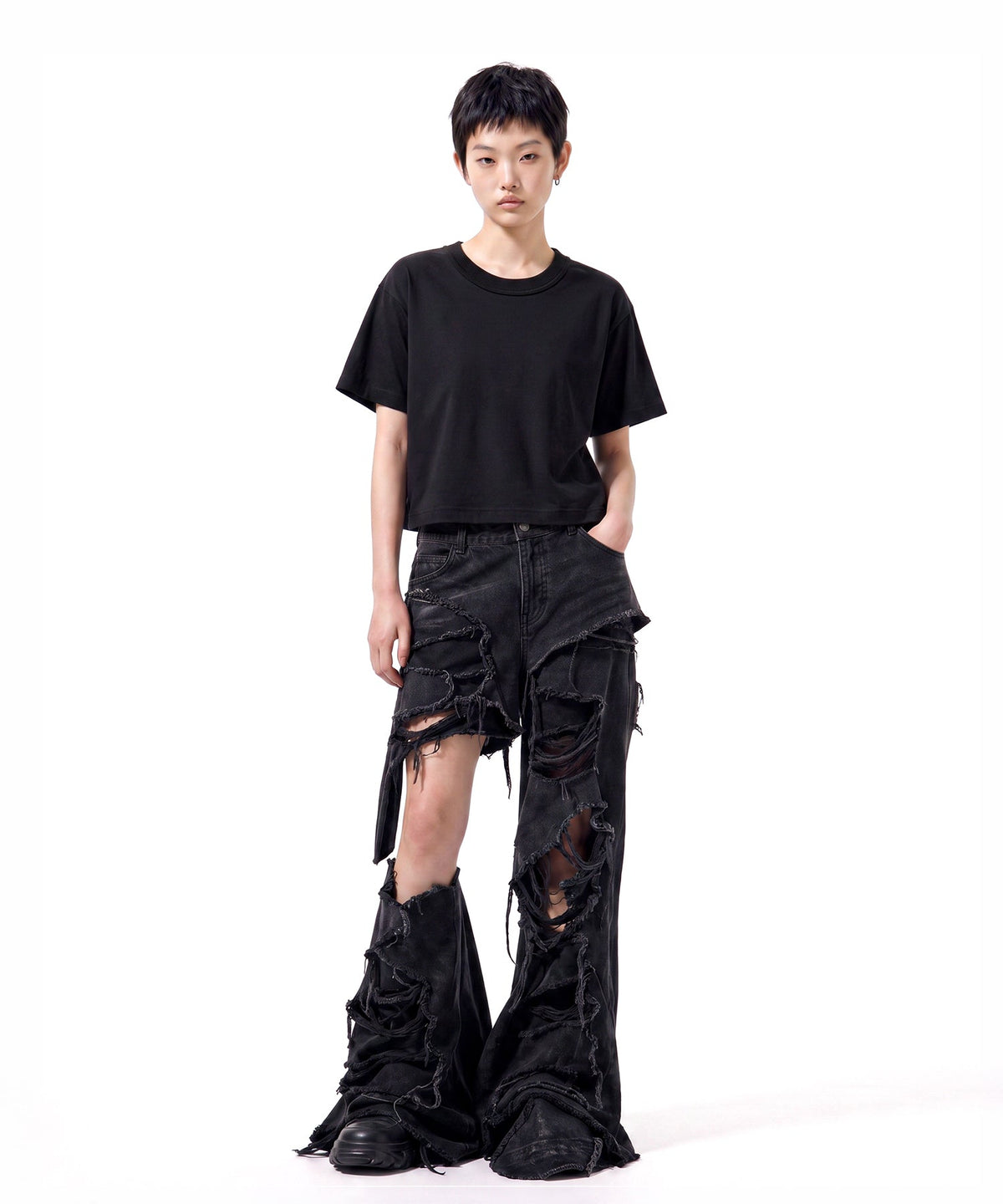【C Wear シーウエア】Neck Binding Oversized Crop T-Shirt Black