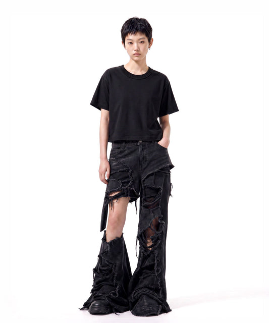 【C Wear シーウエア】Neck Binding Oversized Crop T-Shirt Black