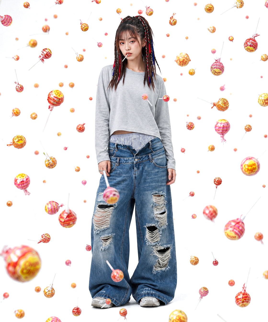【C Wear シーウエア】Oversized Crop Long Sleeve T-Shirt Gray