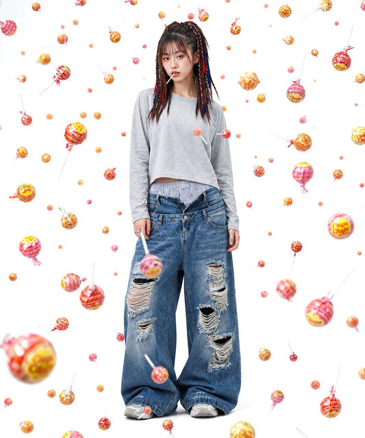 【C Wear シーウエア】Oversized Crop Long Sleeve T-Shirt Gray