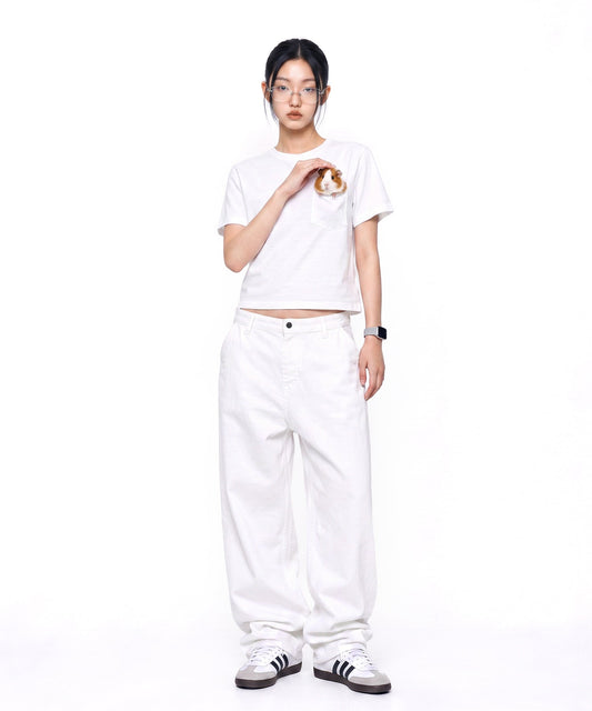 【C Wear シーウエア】Pocket Oversized Crop T-Shirt White
