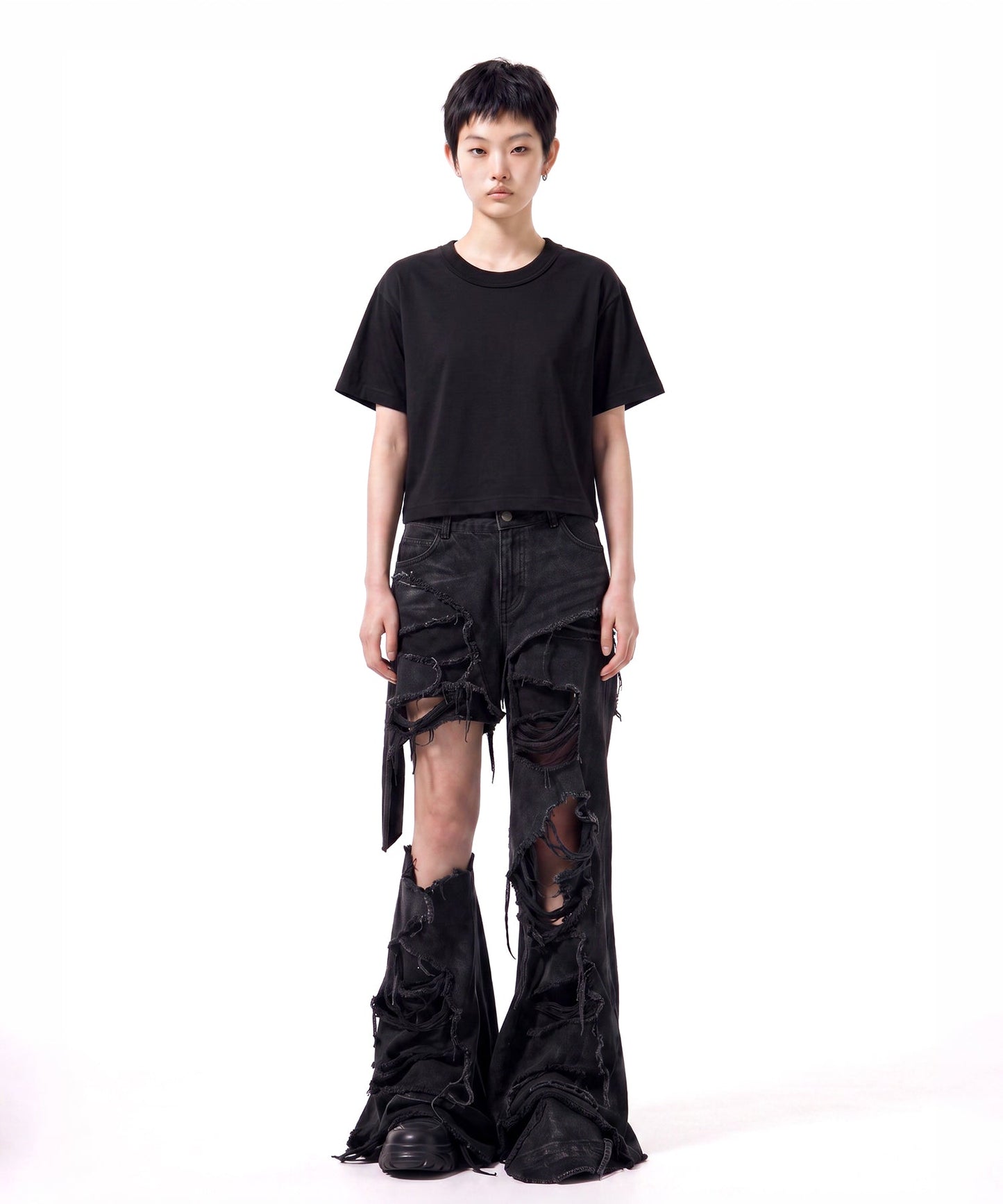 【C Wear シーウエア】Neck Binding Oversized Crop T-Shirt Black