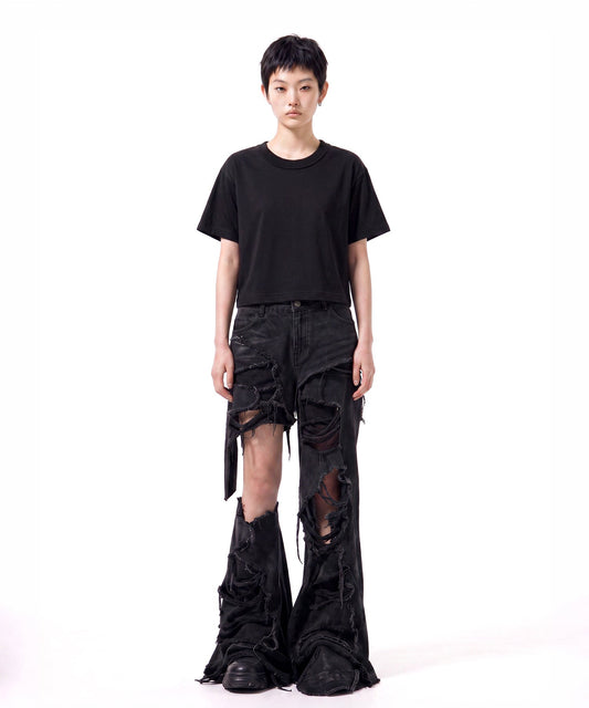 【C Wear シーウエア】Neck Binding Oversized Crop T-Shirt Black