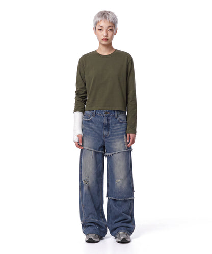 【C Wear シーウエア】Oversized Crop Long Sleeve T-Shirt Khaki