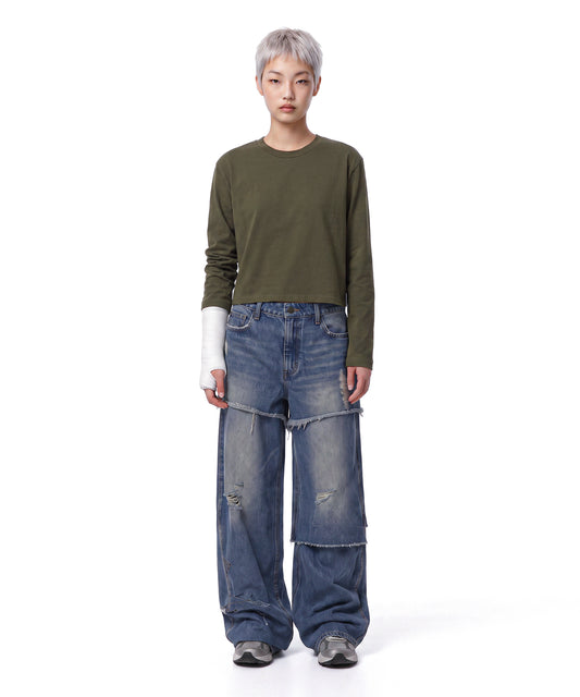 【C Wear シーウエア】Oversized Crop Long Sleeve T-Shirt Khaki