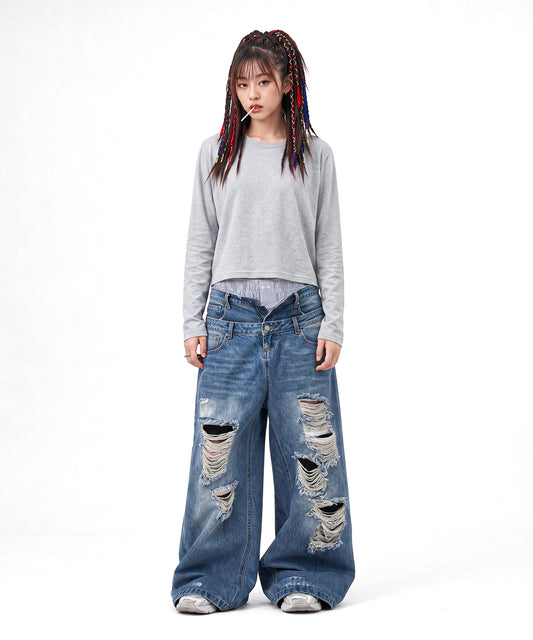 【C Wear シーウエア】Oversized Crop Long Sleeve T-Shirt Gray