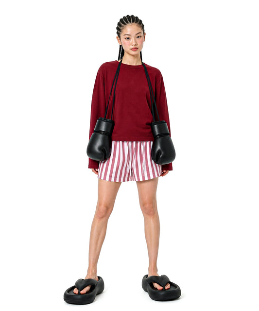 【C Wear シーウエア】Oversized Crop Long Sleeve T-Shirt Burgundy