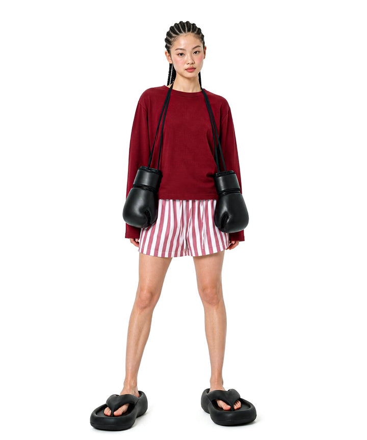 【C Wear シーウエア】Oversized Crop Long Sleeve T-Shirt Burgundy