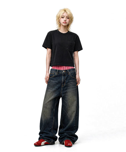 【C Wear シーウエア】Pocket Oversized Crop T-Shirt Black