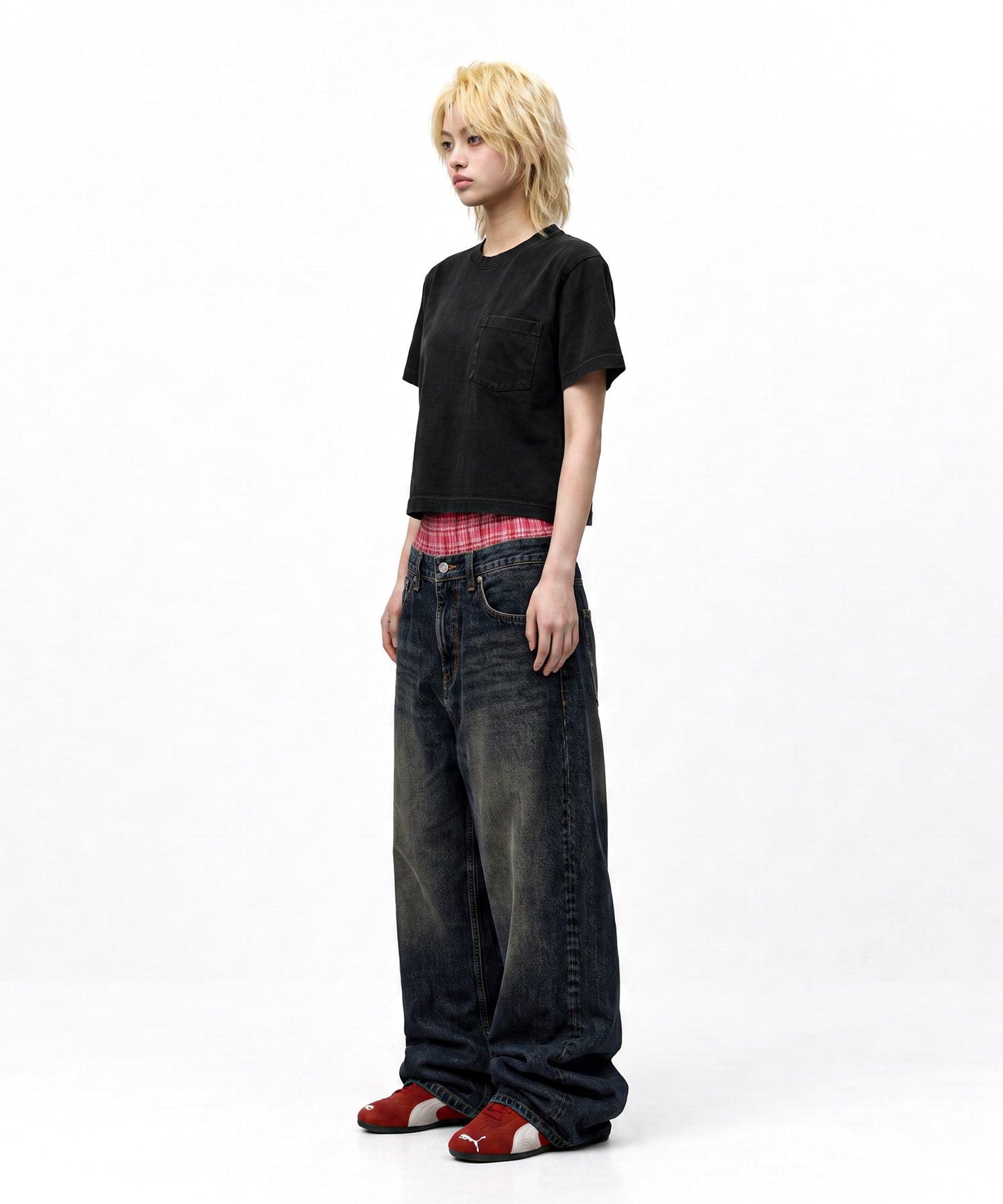 【C Wear シーウエア】Pocket Oversized Crop T-Shirt Black