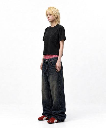 【C Wear シーウエア】Pocket Oversized Crop T-Shirt Black