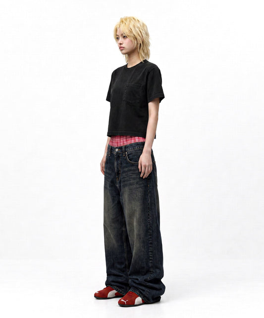 【C Wear シーウエア】Pocket Oversized Crop T-Shirt Black