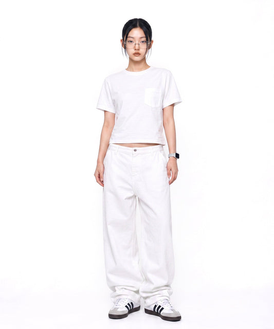 【C Wear シーウエア】Pocket Oversized Crop T-Shirt White