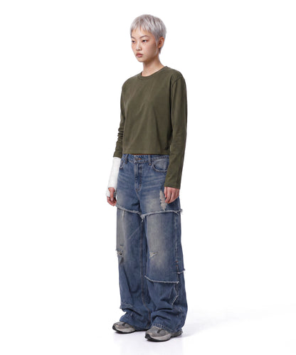 【C Wear シーウエア】Oversized Crop Long Sleeve T-Shirt Khaki