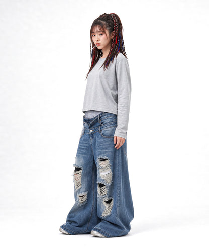 【C Wear シーウエア】Oversized Crop Long Sleeve T-Shirt Gray