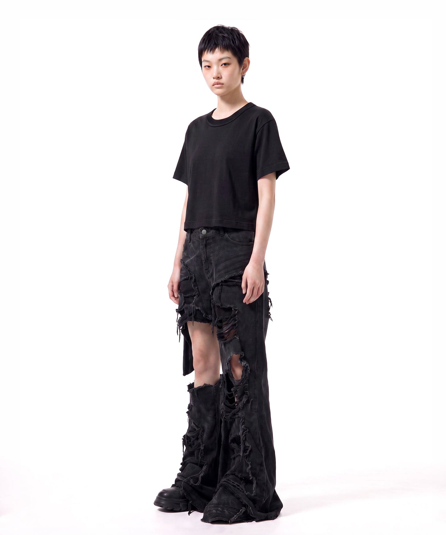 【C Wear シーウエア】Neck Binding Oversized Crop T-Shirt Black