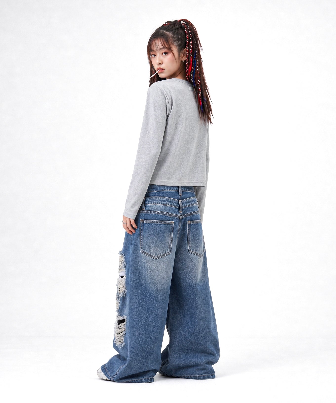 【C Wear シーウエア】Oversized Crop Long Sleeve T-Shirt Gray