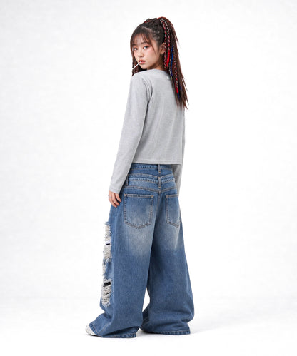 【C Wear シーウエア】Oversized Crop Long Sleeve T-Shirt Gray