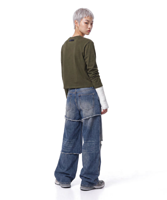 【C Wear シーウエア】Oversized Crop Long Sleeve T-Shirt Khaki