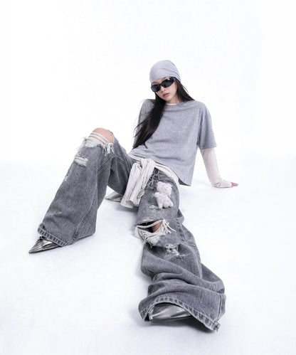 【C Wear シーウエア】 Oversized Crop T-Shirt Gray