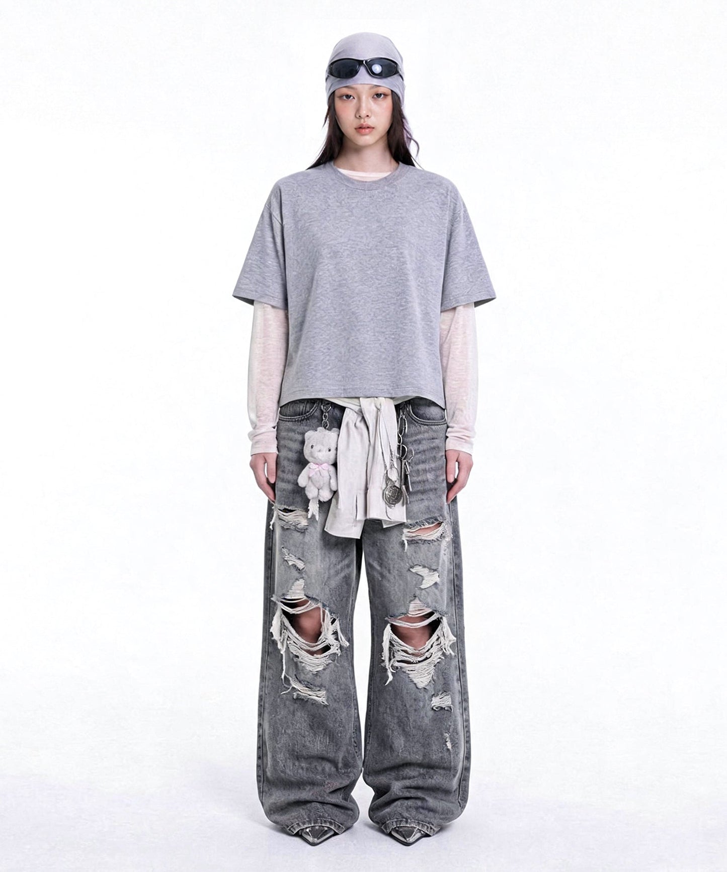 【C Wear シーウエア】 Oversized Crop T-Shirt Gray