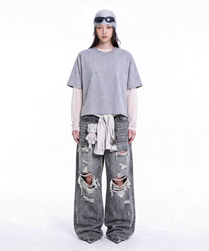 【C Wear シーウエア】 Oversized Crop T-Shirt Gray