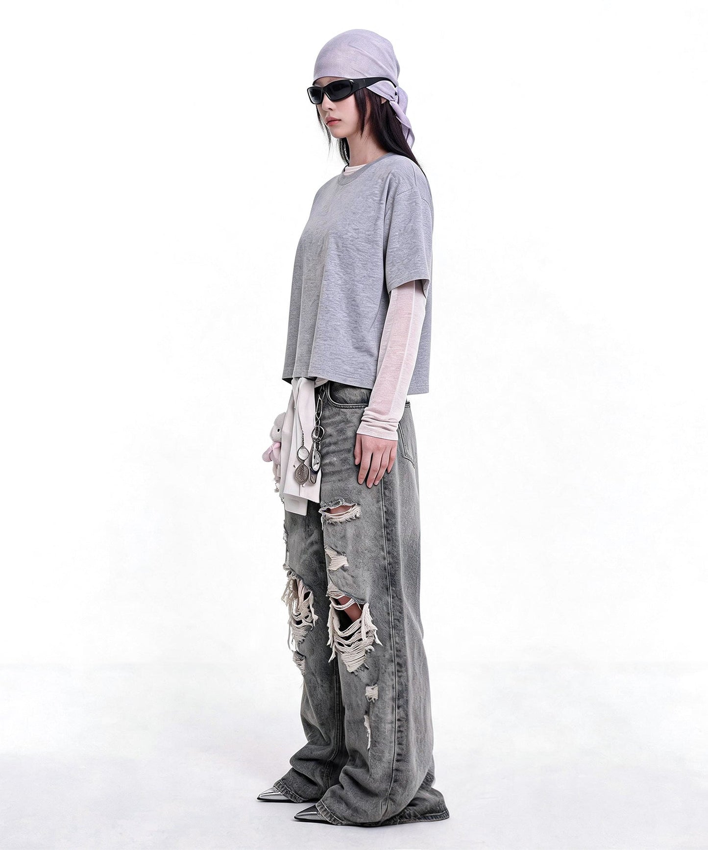 【C Wear シーウエア】 Oversized Crop T-Shirt Gray