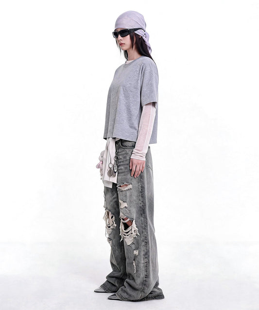 【C Wear シーウエア】 Oversized Crop T-Shirt Gray