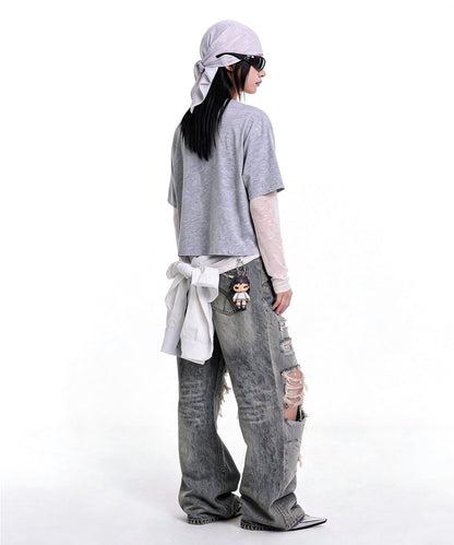 【C Wear シーウエア】 Oversized Crop T-Shirt Gray