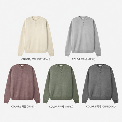 Washed Henley Neck Knit