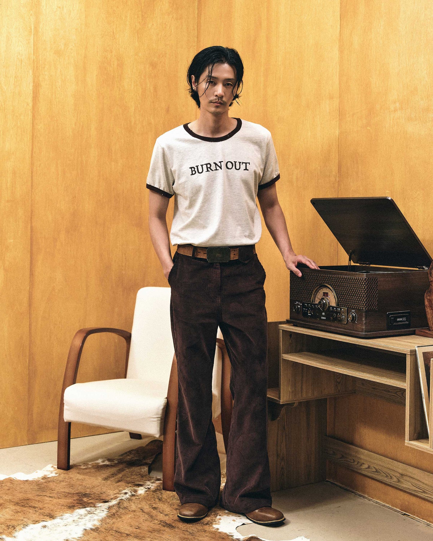 【REVURA レビュ―ラ】BURN OUT FRAY RINGER T-SHIRT OATMEAL / BROWN - UNISEX