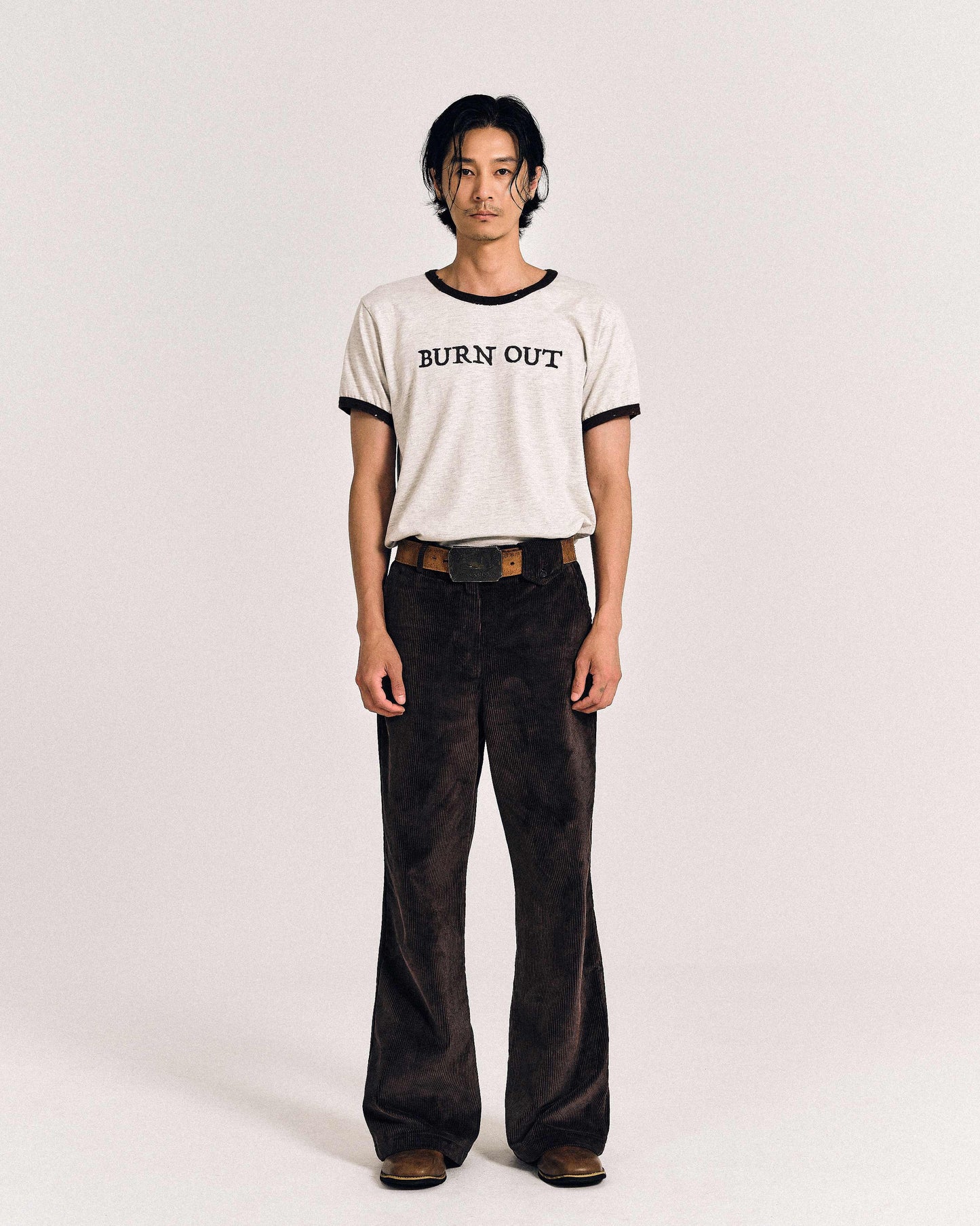 【REVURA レビュ―ラ】BURN OUT FRAY RINGER T-SHIRT OATMEAL / BROWN - UNISEX